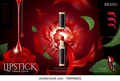 Fashion lipstick promotion template with red roses element in 3d illustration