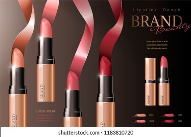 Fashion lipsticks poster with ribbons extend from product, 3d illustration