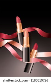 Fashion lipsticks poster with wavy ribbons, 3d illustration