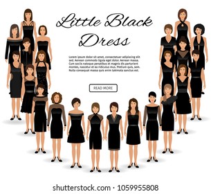 Fashion little black dresses. Set of women, dressed in cocktail dresses. Big collection of evening gowns
