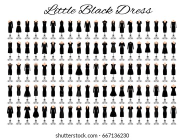 Fashion little black dresses. Set of one hundred cocktail dresses on a mannequins. Big collection of 100 evening gowns. Flat vector illustration