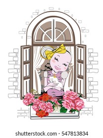 Fashion little girl and her cat in the window with flowers.