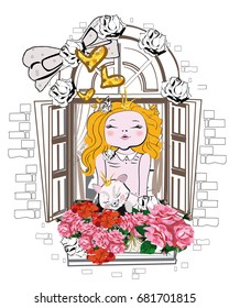 Fashion little girl and her cat in the window with flowers and a bow.
