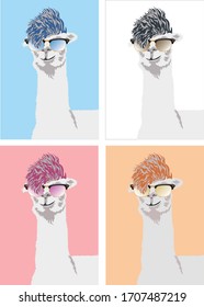 Fashion Llama alpaca with Sunglasses set. cartoon lama character with attitude. Wall art and animation graphic. Colorful background Vector