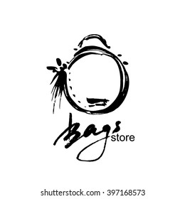 Fashion logo. Bag shop logo. Brush stroke  graphic. Hand drawn icon isolated on white background. Vector illustration. 