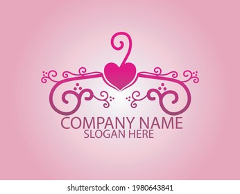 fashion logo with hanger and love, in pink color with beautiful ornament, perfect for boutique business