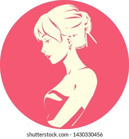 Fashion logo with head of young elegant girl, female pretty face in profile. Simple sign. Vector emblem for hairdresser, spa salon, beuty shop for woman. Red color