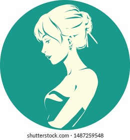 Fashion logo with head of young elegant girl, female pretty face in profile. Simple sign. Vector emblem for hairdresser, spa salon, beuty shop for woman. green color