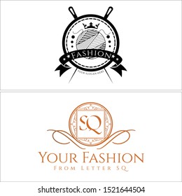 Fashion logo with needle ball thread crown ribbon circle star black and initial SQ suitable for business clothing services provider