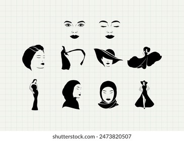 Logo de moda con en archivo de Vector. Siluetas de mujer de moda. Diseño de icono de moda