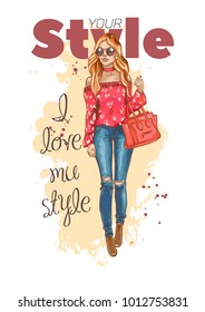 Fashion look. Beautiful young woman in stylish clothes. Fashion girl with bag in the glasses. Urban casual style. Shirt with print and ripped jeans. Fashion vector illustration. Hand drawn sketch