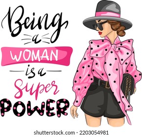 Fashion look cartoon vector illustration. Elegant lady in stylish pink polka dot shirt and shorts. Being a woman is a super power creative lettering. Woman wearing spring outfit and fashionable hat