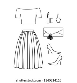 Fashion look coloring page on the white background. Vector illustration