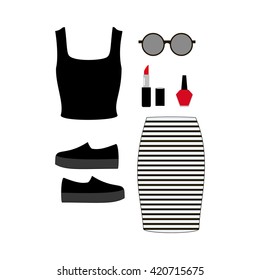 Fashion look illustration. Skirt, top, bag, shoes, sunglasses. Vector illustration