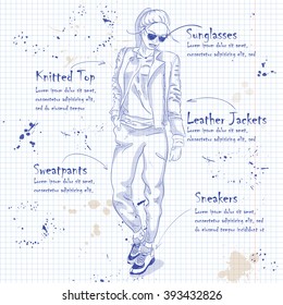 Fashion look on a notebook page. Glamor stylish beautiful young woman model. 