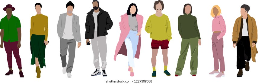 Fashion look sketch vector illustration with stylish clothes and beautiful people. Stylish crowd of people of different nations