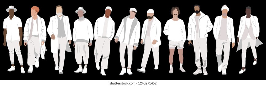 Fashion look sketch vector illustration with stylish clothes and beautiful people. Stylish crowd of people of different nations