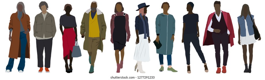 Fashion look sketch vector illustration with stylish clothes and beautiful people. Stylish crowd of people of different nations