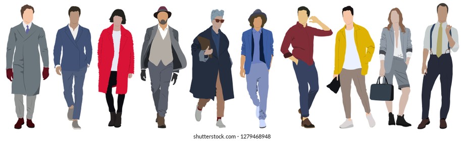 Fashion look sketch vector illustration with stylish clothes and beautiful people. Stylish crowd of people of different nations