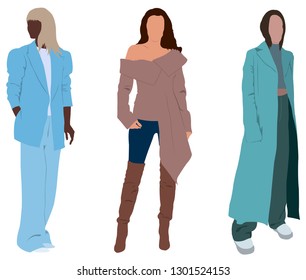 Fashion look sketch vector illustration with stylish clothes and beautiful people. Stylish crowd of people of different nations