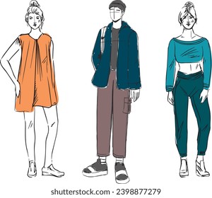 Fashion look. Young men and women dressed in stylish trendy oversized clothing. Models standing in various poses. Hand drawn Vector isolated illustrations