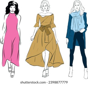 Fashion look. Young men and women dressed in stylish trendy oversized clothing. Models standing in various poses. Hand drawn Vector isolated illustrations