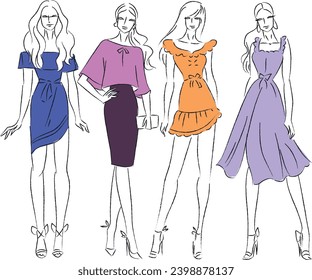 Fashion look. Young men and women dressed in stylish trendy oversized clothing. Models standing in various poses. Hand drawn Vector isolated illustrations