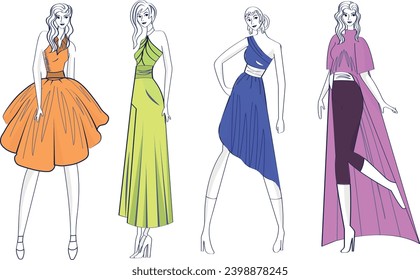 Fashion look. Young men and women dressed in stylish trendy oversized clothing. Models standing in various poses. Hand drawn Vector isolated illustrations