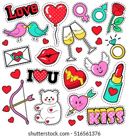 Fashion Love Badges Set with Patches, Stickers, Lips, Hearts, Kiss, Lipstick in Pop Art Comic Style. Vector illustration