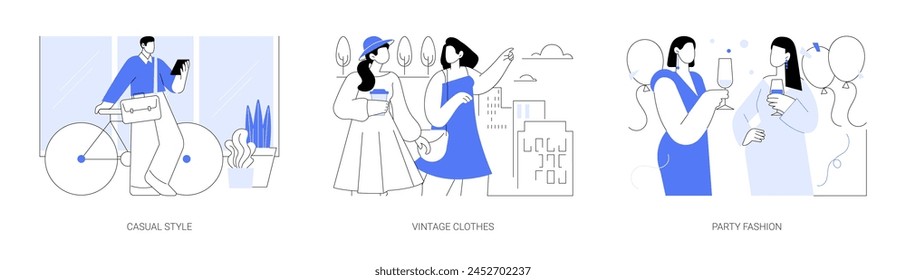 Fashion lovers isolated cartoon vector illustrations set. Young man wearing casual style clothes, diverse girls wearing in vintage clothes, festive party look, trendy accessories vector cartoon.