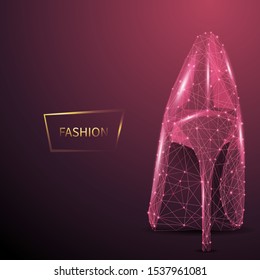 Fashion low poly wireframe vector banner template. Polygonal 3D female high heel. Footwear designer workshop, store mesh art illustration. Pink stiletto shoe connected dots with lines 