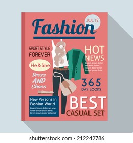 Fashion magazine with casual clothing. Flat style vector illustration.