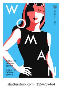 Fashion magazine cover design. Abstract female portrait. Woman in black with long hair wearing sunglasses. Vector illustration