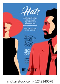 Fashion magazine cover design. Abstract couple in love, bearded man and woman in big hat. Vector illustration