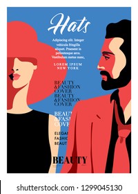 Fashion magazine cover design. Abstract couple in love, bearded man and woman in big hat. Vector illustration