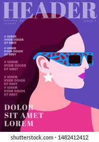 Fashion magazine cover design. Abstract portraits of young woman, side view. Long hair,  pink dress, sunglasses, earrings. Text, letters, violet background. Vector illustration