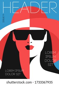 Fashion magazine cover design. Abstract female portrait, full face. Woman wearing hat and sunglasses. Vector illustration