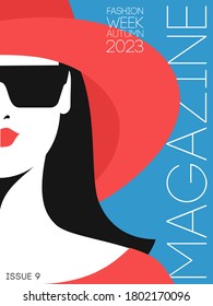 Fashion magazine cover design. Abstract female portrait, half face. Woman wearing hat and sunglasses. Vector illustration