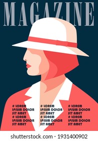 Fashion magazine cover design. Abstract female portrait, side view. Young  redhead woman with short haircut, wearing jacket and hat. Vector illustration