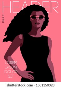 Fashion magazine cover design. Female portrait, front view. African american girl with long hair, wearing black dress and sunglasses. Vector illustration