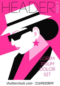 Fashion magazine cover design. Female portrait in white, black and pink colors. Young elegant woman in jacket, hat, sunglasses and earrings. Vector illustration
