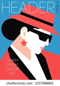 Diseño de portada de la revista de moda. Retrato femenino, vista lateral. Joven mujer elegante con chaqueta, sombrero, gafas de sol y pendientes, mirando hacia abajo. Ilustración del vector