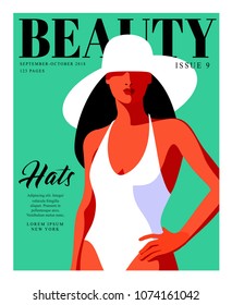 Fashion magazine cover design for the summer holidays season. Abstract woman wearing swimsuit and hat. Vector illustration