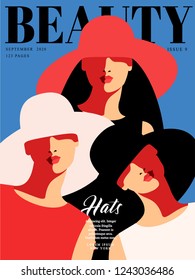 Fashion magazine cover design. Three abstract  female characters in big hats. Vector illustration