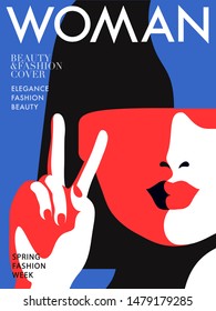 Fashion magazine cover design. Woman showing sign victory. Vector illustration