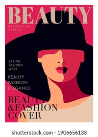 Fashion magazine cover design. Woman wearing big hat. Abstract female full face portrait, lettering, text, dark background. Vector illustration