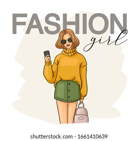 Fashion magazine cover. Hand drawn young woman in beautiful look. Sketch drawing cute girl hipster, trendsetter or influencer with stylish outfit, dressed in trendy clothes. Vector illustration