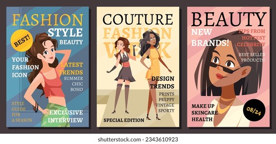 Fashion magazine covers. Smiling models in beautiful designer clothes, catwalk show, glamorous poses, elegant summer outfit, cartoon modern female characters, flyer or banner, tidy vector set