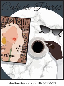 Fashion magazine , cup of coffee and sunglasses on cafe marble table illustration - Abstract graphic print for girl tee / t shirt and poster 