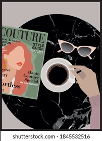 Fashion magazine , cup of coffee and sunglasses on cafe marble table illustration - Abstract graphic print for girl tee / t shirt and poster 